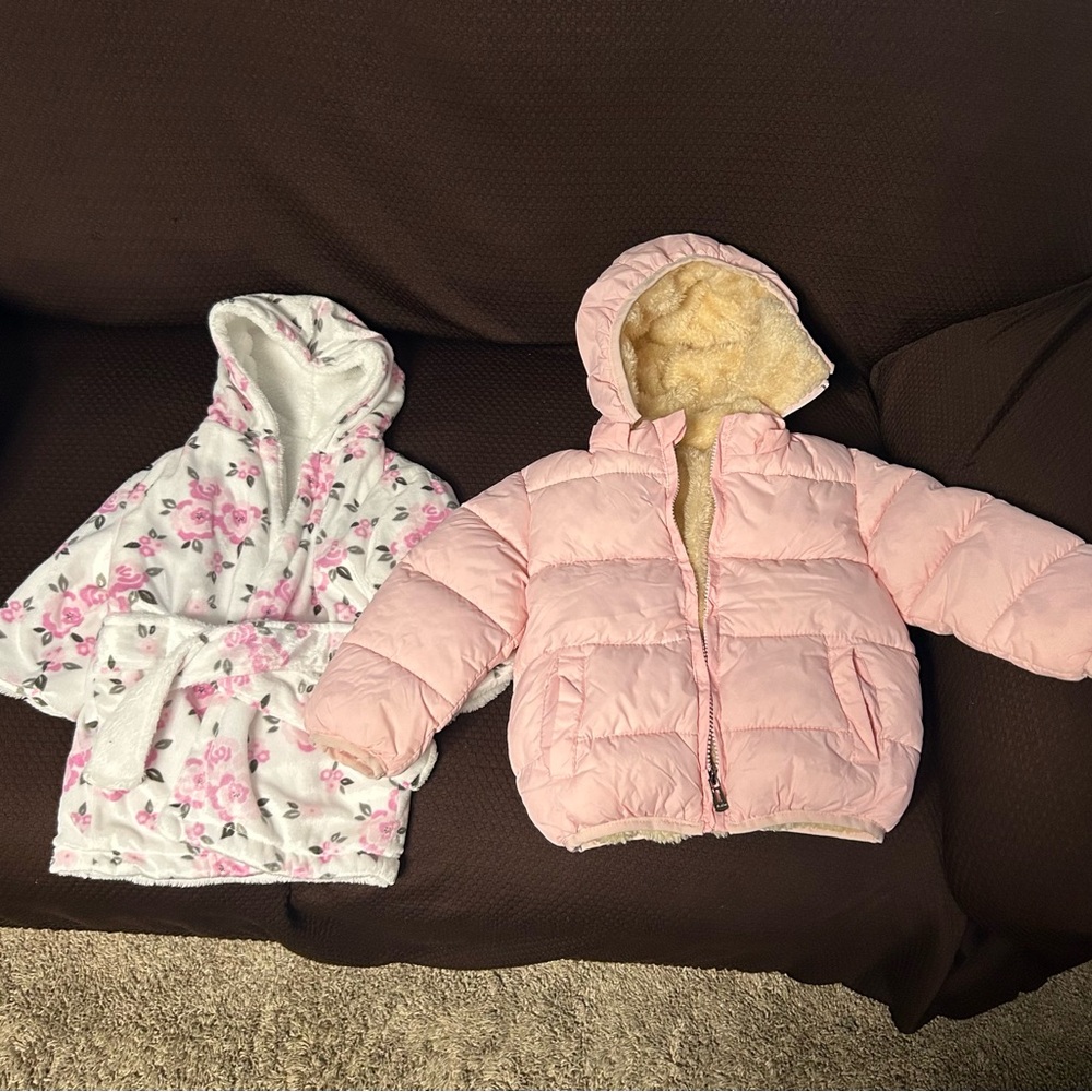 Pink Puffer Jacket and Floral Robe
